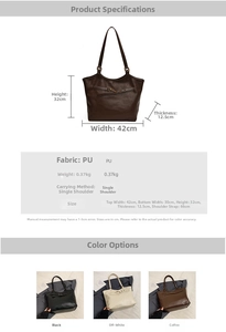 Detailed dimension chart showing size and weight for large PU leather tote bag