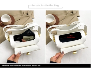 Détail montrant la capacité interne et la structure du sac cylindrique blanc en cuir mat