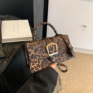 Vintage leopard print square crossbody bag with luxury gold buckle and top handle