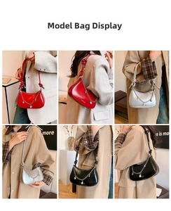 Detail shots of crescent underarm bag with decorative metal chains and pearl charms