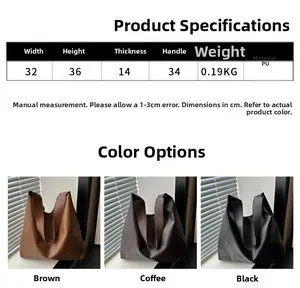 Detailed size chart for large PU leather tote bag with dimensions 32x36x14cm and handle length