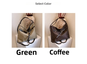 Detail of nylon tote bags in green and coffee colors with retro metal eyelet buckle straps