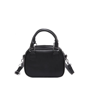 Minimalist black PU leather bowling handbag with silver hardware and adjustable strap
