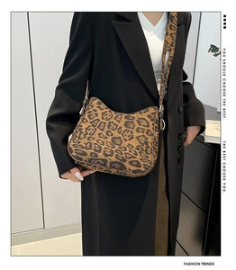 Detailed view of leopard print shoulder bag with wide strap on model for 2024 fashion style