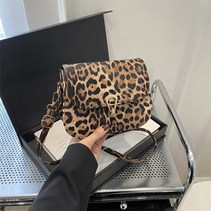 Minimalist leopard print crossbody bag with gold buckle and adjustable strap