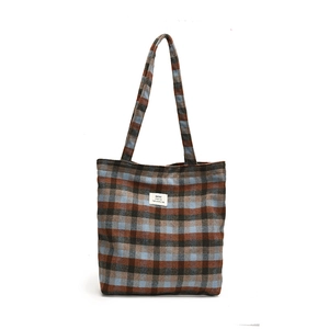 Classic checkered wool shoulder tote bag in brown and blue for daily casual wear