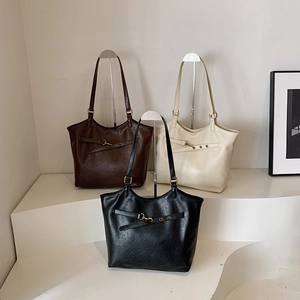 Large Capacity Women Tote Bag PU Leather Shoulder Underarm Handbag Retro Solid Color Fashion Commuter Bag