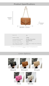 Detailed size specifications and color guide for the quilted PU leather crossbody bag