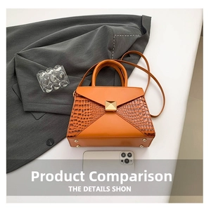 Detail of orange crocodile embossed handbag featuring golden pyramid studs and feet