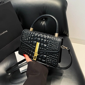 Retro black crocodile embossed small square bag with gold handle for women