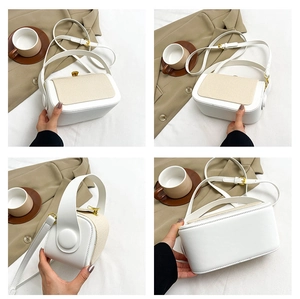 Vues détaillées sous plusieurs angles d'un sac bandoulière moderne bicolore tissé
