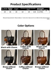 Detailed view of vintage PU bucket bag showing embossed texture and dimensions in three colors