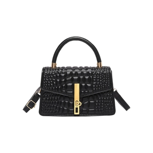 Chic black crocodile embossed leather handbag with gold metal clasp and crossbody strap