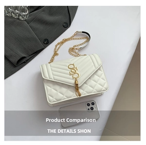 Close-up of quilted white faux leather bag with gold logo, tassels, and chain strap
