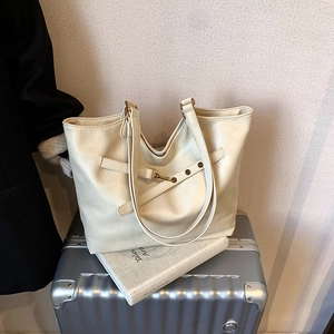 Retro cream white textured faux leather tote bag for women with elegant metal buckle detail