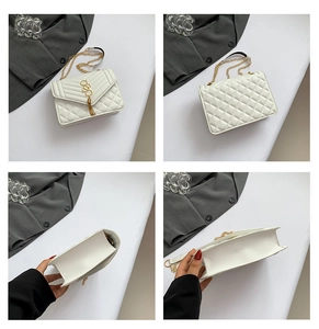 Detailed four-angle views of a white quilted crossbody bag with gold chain and tassel