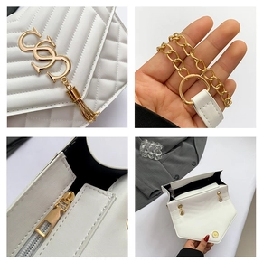 Detailed views of white quilted crossbody bag with gold hardware and tassel charm