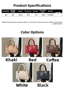 Size chart showing handbag dimensions and five color options for this PU tote bag