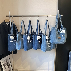 Grand Sac Fourre-Tout En Jean Pour Femmes Sac À Épaule Décontracté En Toile Denim Vintage Avec Slogan Imprimé Quotidien