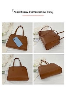 Détails sous quatre angles d'un sac cabas en cuir marron avec de fines anses doubles