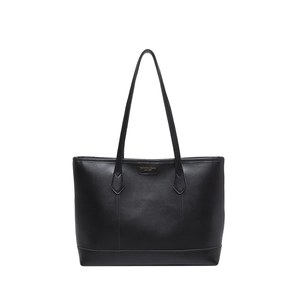 Minimalistische schwarze Leder-Einkaufstasche mit Goldlogo und langen Schultergurten in Weiß