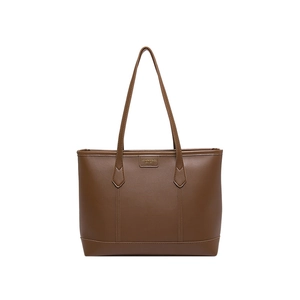Large brown leather tote bag with stylish vertical stitching and long shoulder straps