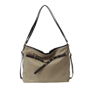 Minimalist large capacity nylon tote bag in khaki with brown leather straps and gold accents