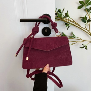 Retro burgunderrote Wildleder Handtasche mit Knotenseilgriff und Goldmetall-Detail