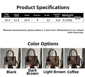 Tableau de taille détaillé pour sac à main léopard avec dimensions et couleurs