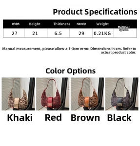 Size chart showing crescent leopard print handbag dimensions with four color variations