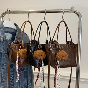 Retro PU Leather Tote Bag For Women Alphabet Embossed Crossbody Handbag With Dog Plush Charm
