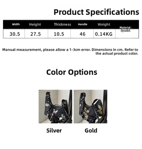 Detailed sizing chart and specifications for the pleated butterfly shoulder bag