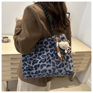 Detail of grey leopard print plush tote bag with cat charm and black chain strap