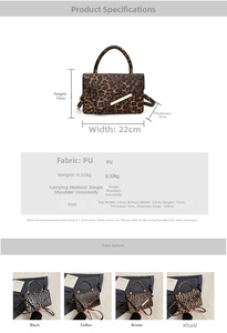 Detailed dimension chart and color guide for leopard print faux leather crossbody bag