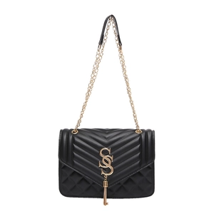 Elegant black quilted shoulder bag with gold chain strap and V-pattern stitching