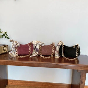 Retro French Hobo Underarm Shoulder Bag Frosted PU Leather With Thick Gold Chain Strap And Decorative Satin Scarf Women