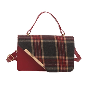 Sac à main rétro en cuir rouge avec motif à carreaux et bandoulière réglable pour femme