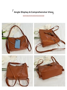 Brown PU leather tote bag details with size reference shown via a blue smartphone
