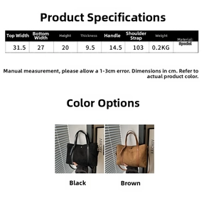 Detailed size chart for minimalist tote bag with specific dimensions and color options
