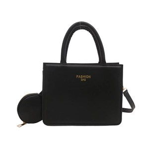 Minimalist black leather square handbag with round coin purse and gold hardware detailing