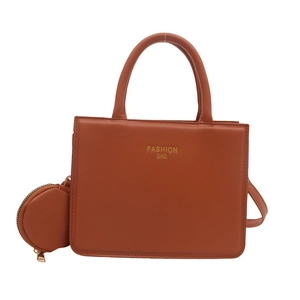 Brown leather crossbody bag with top handle, fashion lettering and round coin purse pouch