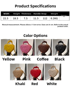 Size chart showing PU leather heart-shaped bag dimensions and colors for women