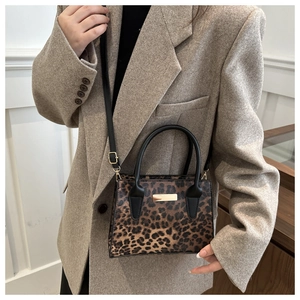 Detailed close-up of leopard print handbag with gold metal plaque and black handle
