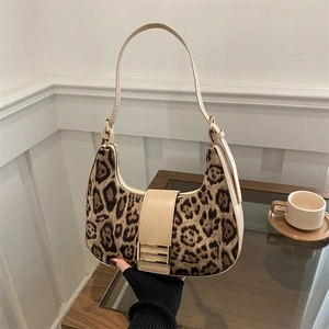 Retro leopard print hobo shoulder bag with contrast strap and crescent shape for women