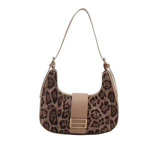 Retro leopard print crescent hobo bag with khaki leather trim and gold metal buckle