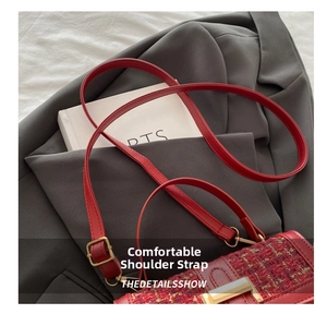Detail of red tweed handbag with smooth leather strap and gold metallic buckle hardware