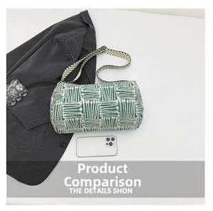 Flat lay of green knit cylinder bag with checkered wide strap and phone for scale