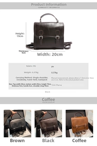 Detailed size guide of retro PU leather backpack showing dimensions 20x19x9cm and weight