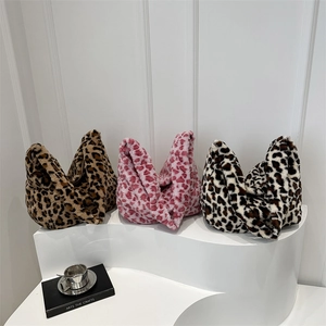 Leopard Print Plush Shoulder Bag Faux Fur Large Capacity Zipper Casual Autumn Winter Hobo Tote For Women Soft Warm