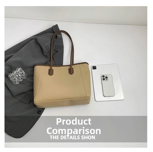 Large beige tote bag showing spacious interior capacity with tablet and phone for size comparison
